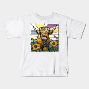 Sunflower Stained Glass Highland Cow #11 Kids T-Shirt